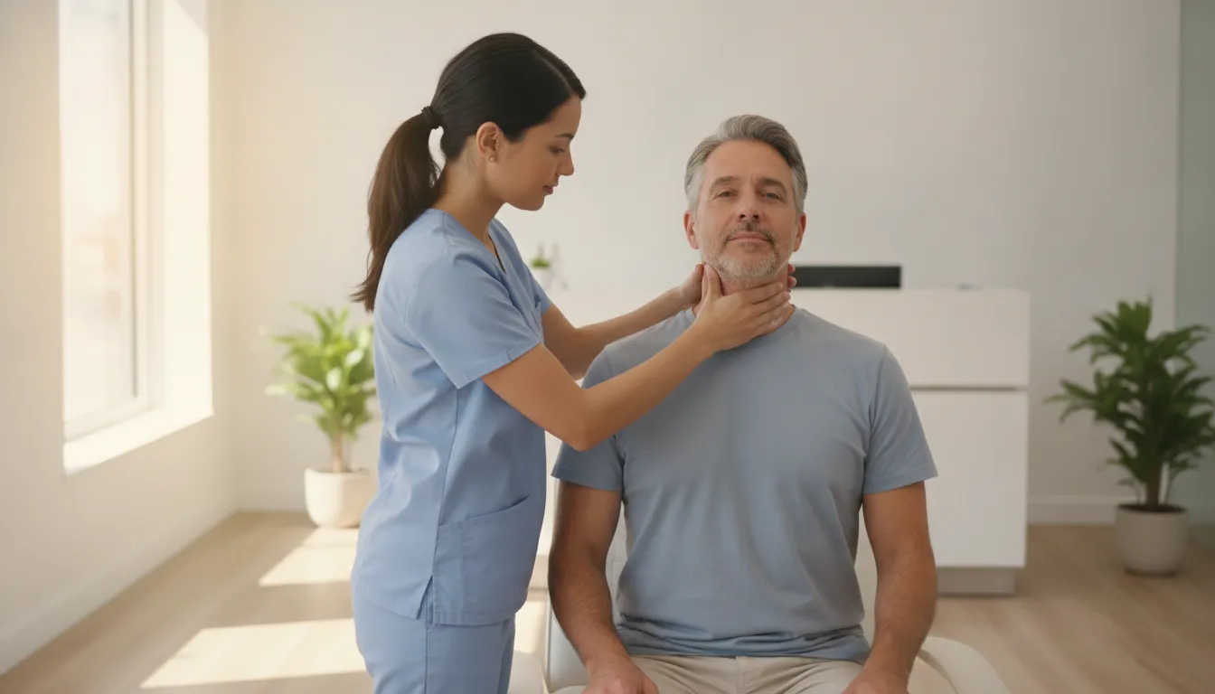 Physician examining a patient's neck in a modern regenerative medicine clinic