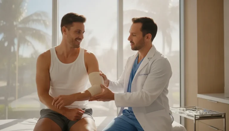 Physician examining a patient's elbow during a regenerative medicine consultation in Miami