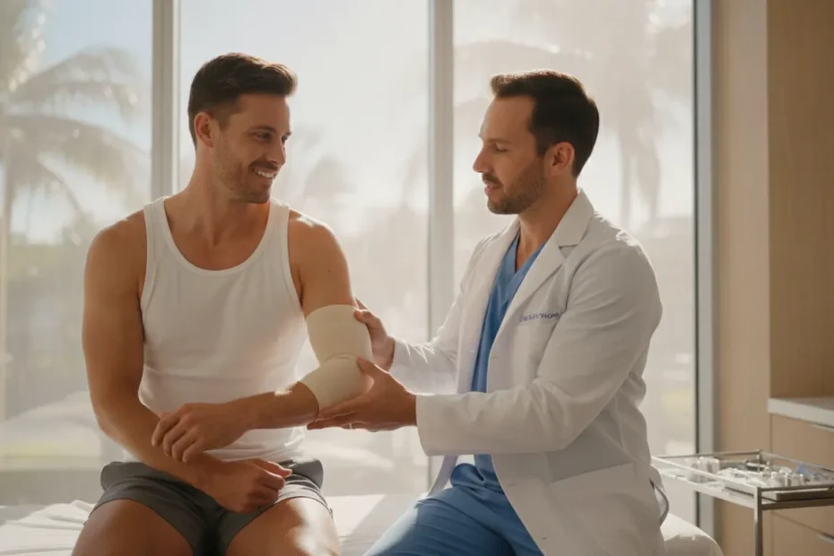 Physician examining a patient's elbow during a regenerative medicine consultation in Miami