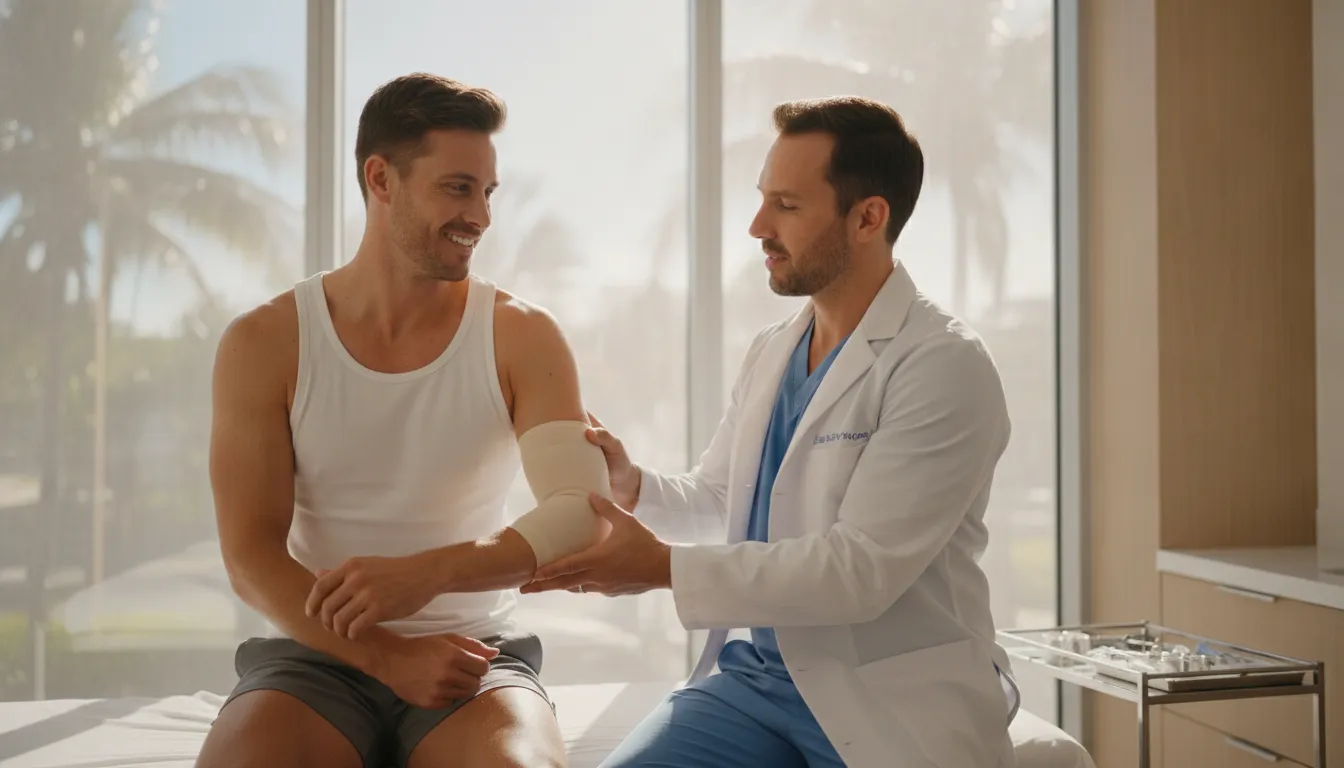 Physician examining a patient's elbow during a regenerative medicine consultation in Miami