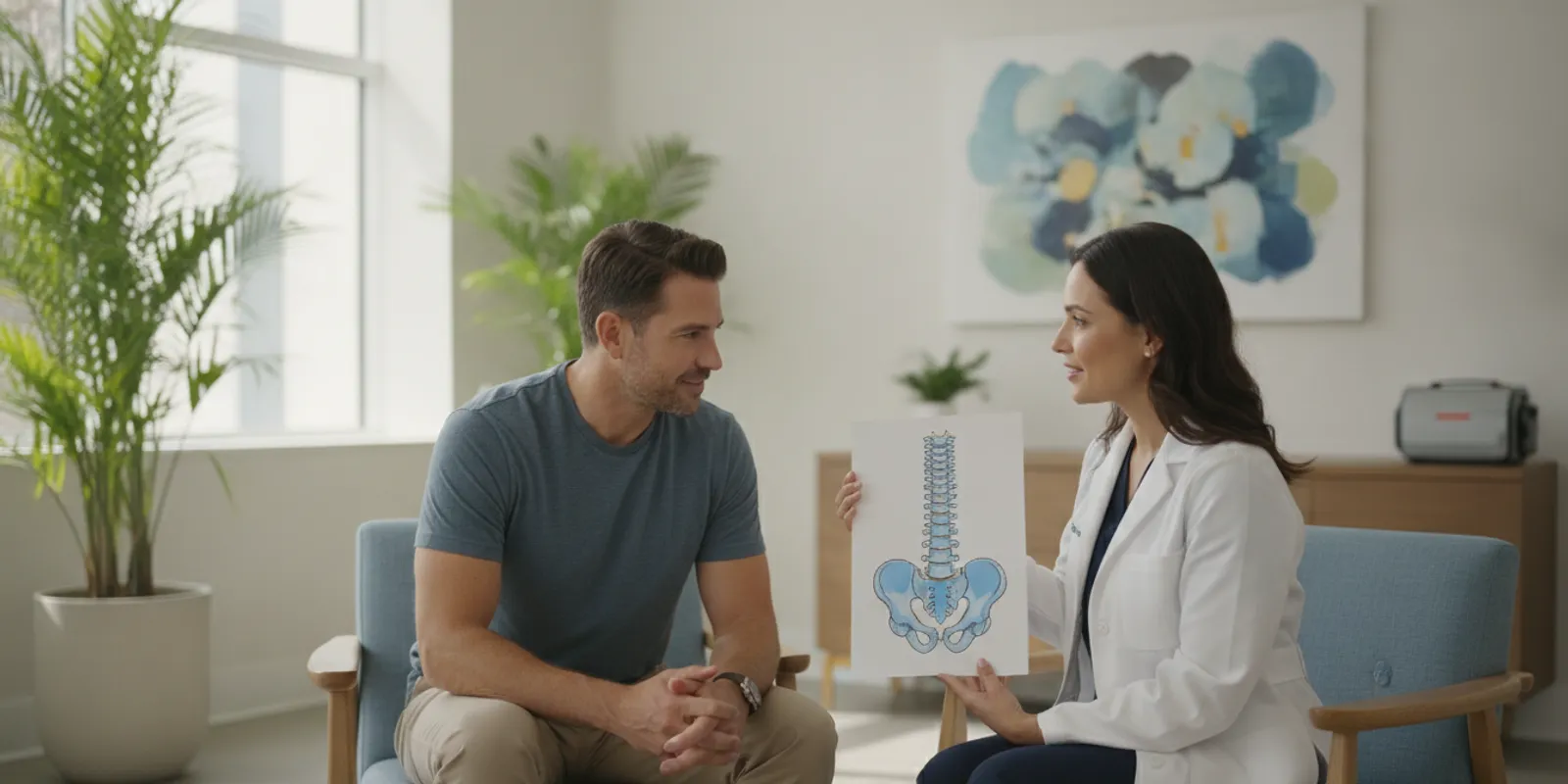 Clinician discussing lower back and leg pain treatment options with an adult patient